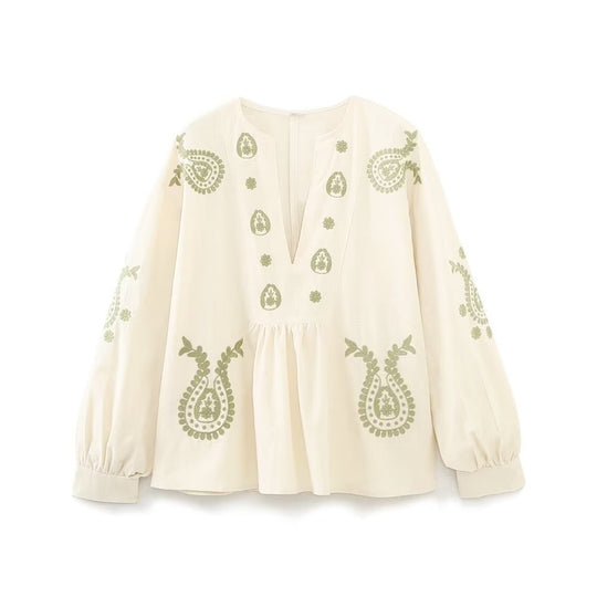 Damen nan bestickte Tunika-Bluse mit Paisley-Stickereien, V-Ausschnitt und voluminösen Ballonärmeln EB