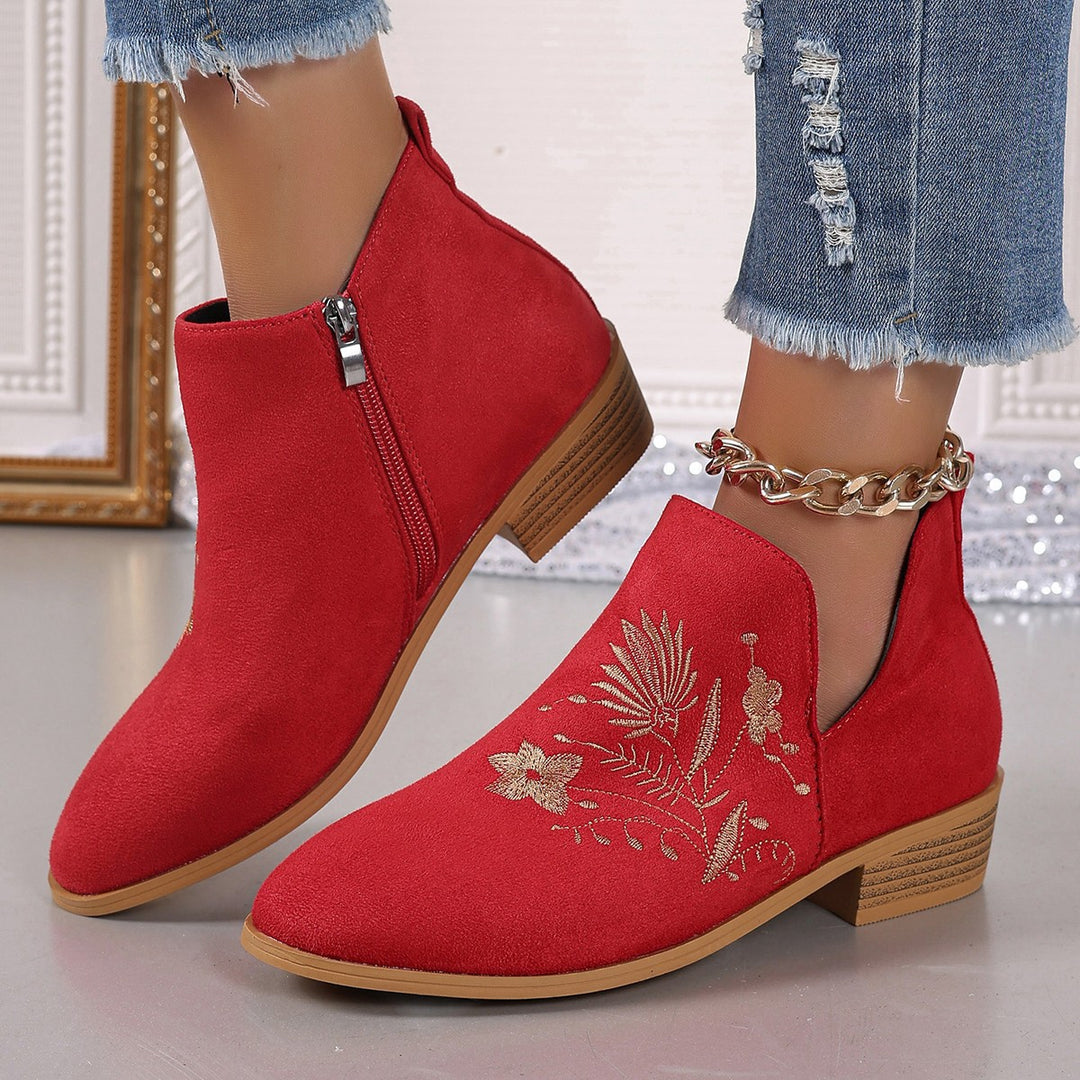 Damen Stiefeletten mit floralem Stickdesign und seitlichem Reißverschluss EB