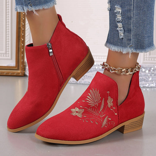 Damen Stiefeletten mit floralem Stickdesign und seitlichem Reißverschluss EB