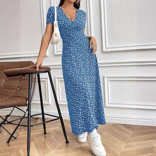 Damen Maxi-Kleid mit Blumenmuster und V-Ausschnitt EB