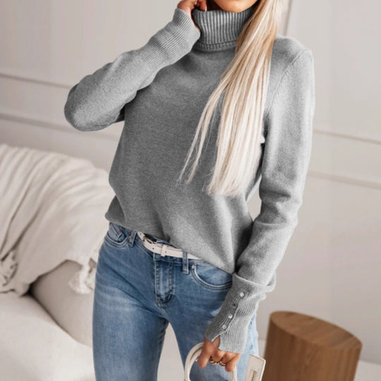Damen eleganter Rollkragenpullover mit Knopfdetails EB