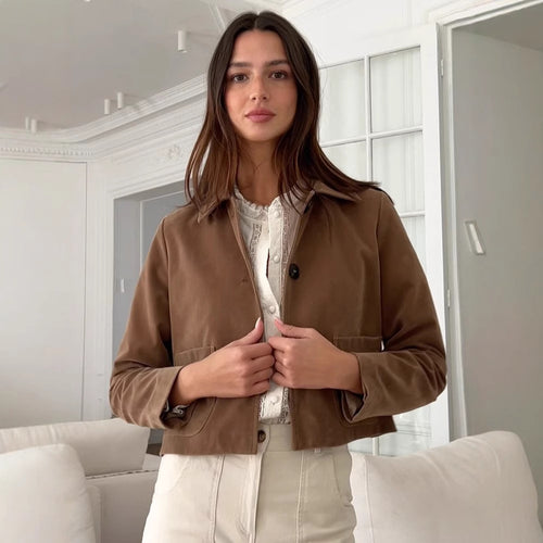 Damen modische Kurzjacke mit hochgeschlossenem Kragen und praktischen Taschen EB