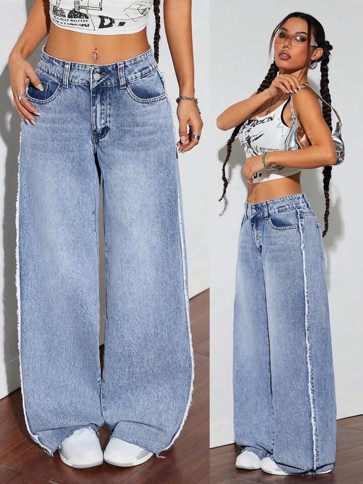 Damen Weite Denim-Jeans mit auffälligem fransigem Saum und hoher Taille EB