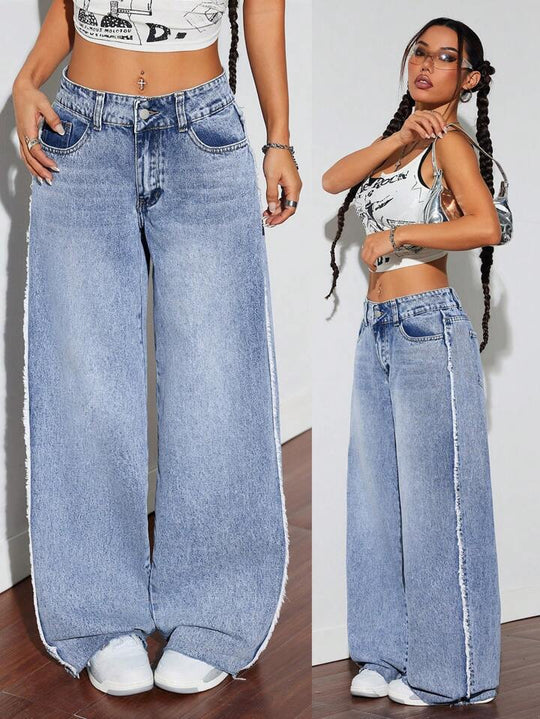 Damen Weite Denim-Jeans mit auffälligem fransigem Saum und hoher Taille EB