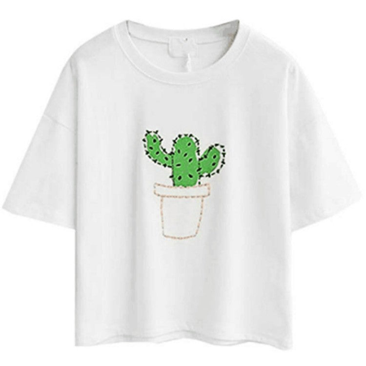 Damen lässiges T-Shirt mit süßem Katzen- und Pflanzenmotiv EB