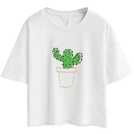 Damen lässiges T-Shirt mit süßem Katzen- und Pflanzenmotiv EB