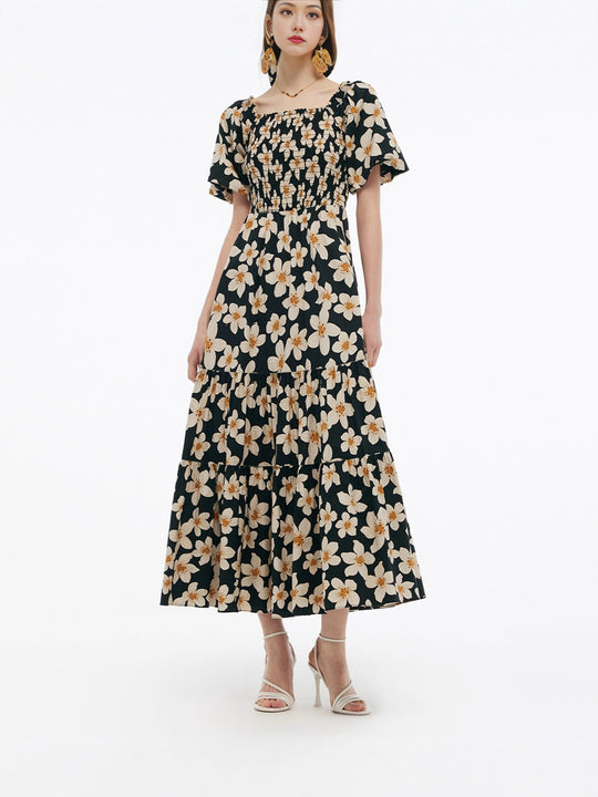Damen Maxikleid mit voluminösem Rock und Blumenmuster EB