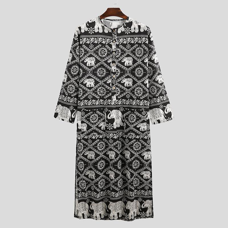 Damen nan Ethno-Maxikleid mit Stehkragen, kurzer Knopfleiste, überschnittenen Ärmeln und A-Linien-Schnitt EB