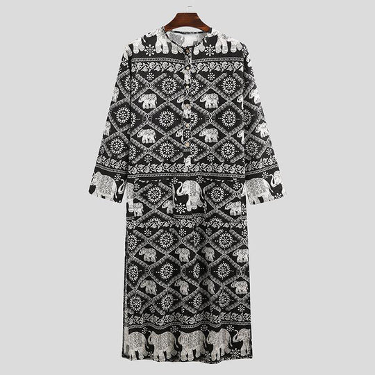 Damen nan Ethno-Maxikleid mit Stehkragen, kurzer Knopfleiste, überschnittenen Ärmeln und A-Linien-Schnitt EB