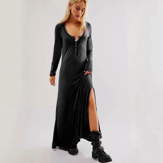 Damen Maxikleid mit knopflosem Ausschnitt und seitlichem Schlitz EB