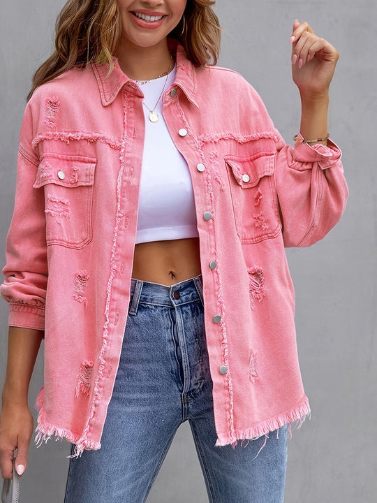 Damen Stylische Overshirt-Jacke mit fransigem Saum EB