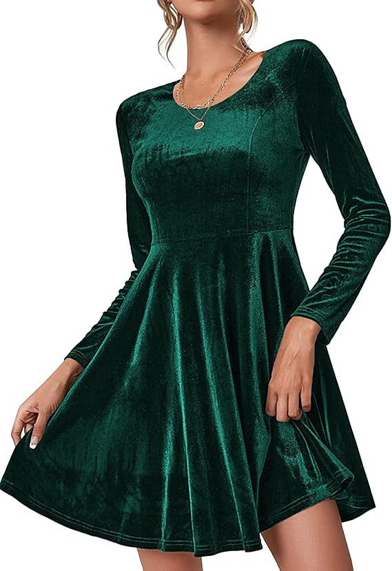 Damen Elegantes Samtkleid mit geschwungenem Saum und langen Ärmeln EB