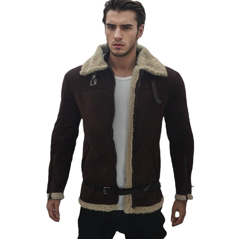 Herren Lammfelljacke mit modernem Schnitt und abnehmbarer Kapuze EB