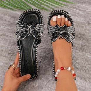 Damen glamouröse Riemchen-Sandalen mit funkelnder Schleifenverzierung EB