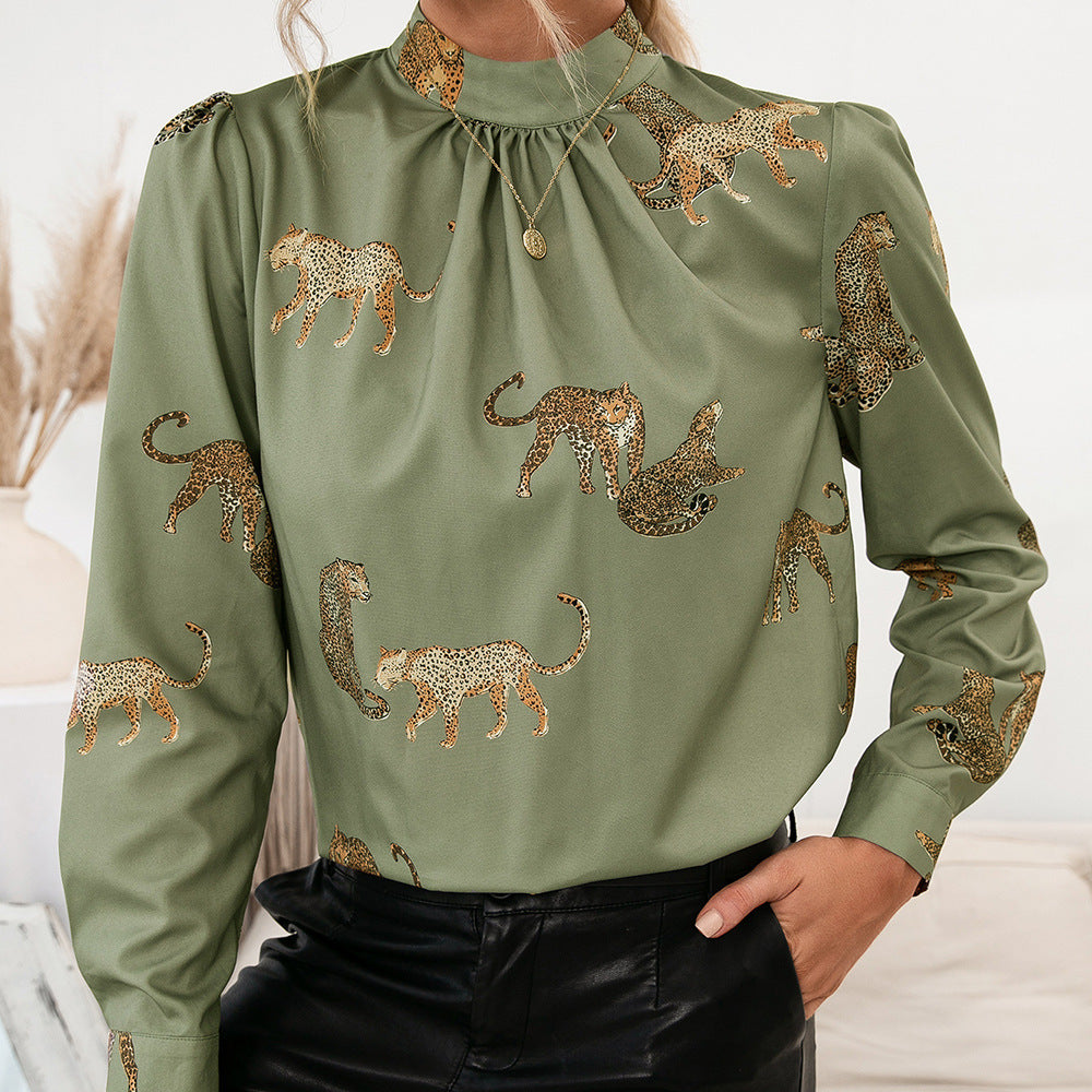 Damen Bluse mit glamourösem Tierdruck und eleganter Stehkragenform EB