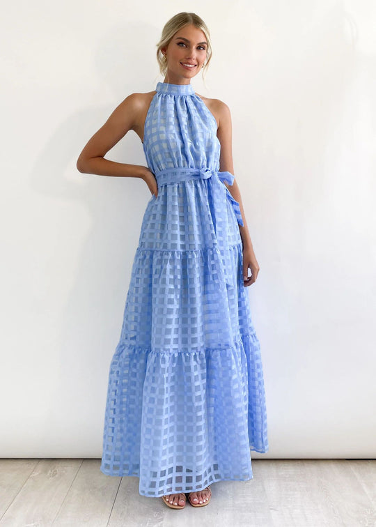Damen Maxikleid mit raffiniertem Hochkragen und gestuftem Design EB