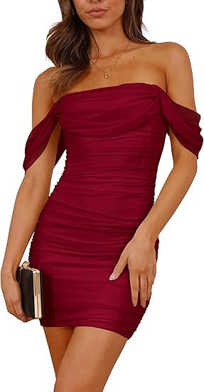 Damen figurbetontes Wickelkleid mit schulterfreiem Design EB