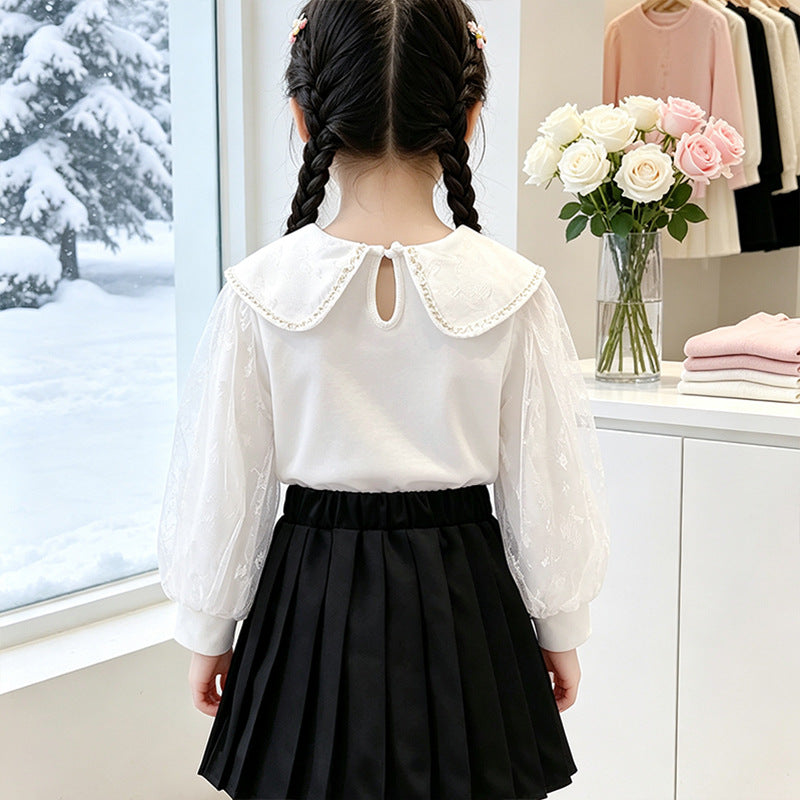 Mädchen Bluse mit elegantem Tüllkragen und floralen Applikationen EB