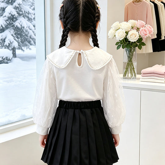 Mädchen Bluse mit elegantem Tüllkragen und floralen Applikationen EB