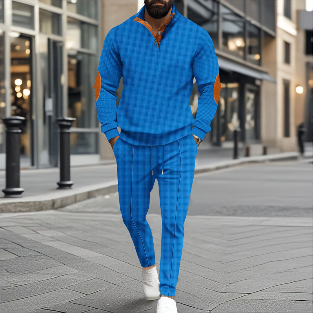Herren nan feinstrukturiertes Halbkragen-Sweatshirt mit Knopfleiste, dekorativen Ellbogenpatches und legerem Saumabschluss EB