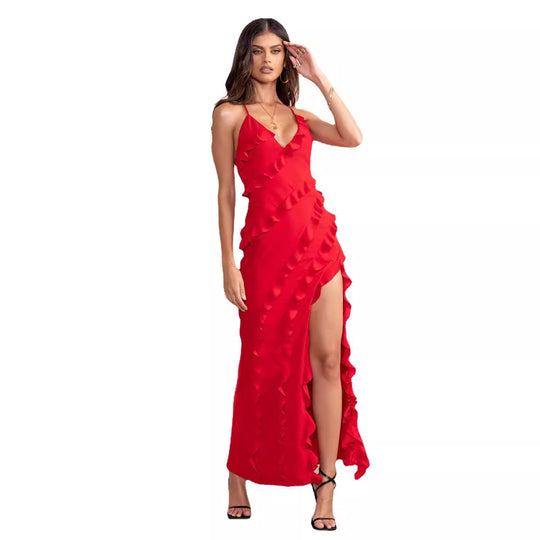 Damen Maxikleid mit voluminösen Rüschendetails und elegantem Beinschlitz EB