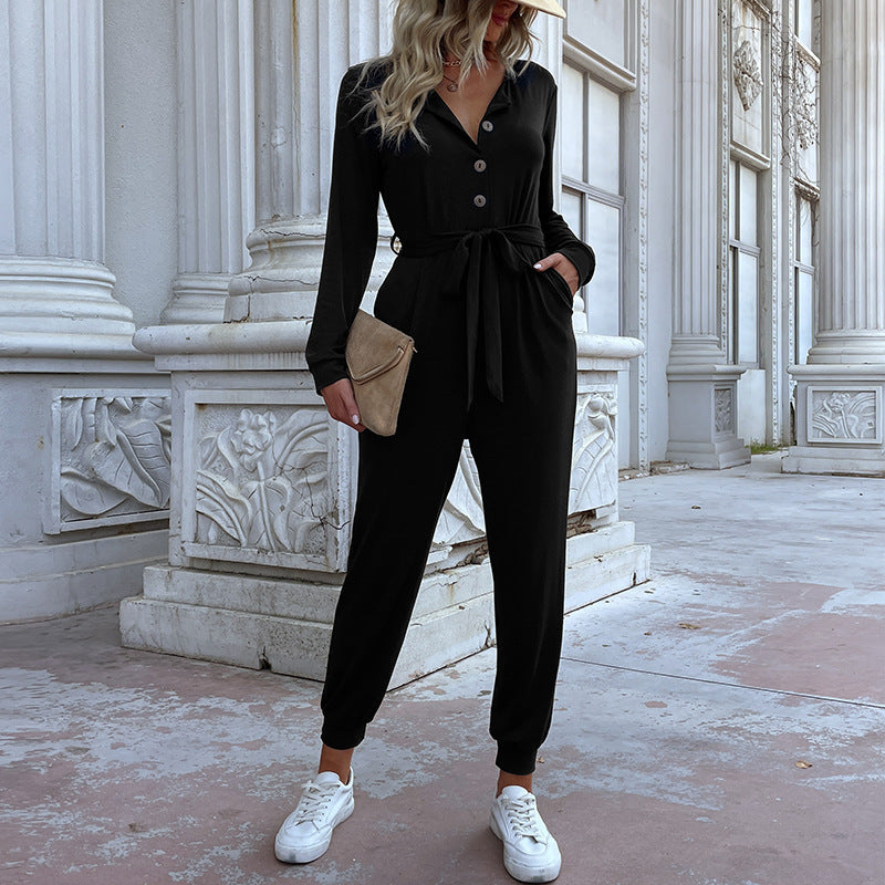 Damen lässiger Jumpsuit mit Knopfleiste und Taillengürtel EB