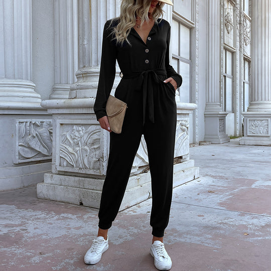Damen lässiger Jumpsuit mit Knopfleiste und Taillengürtel EB