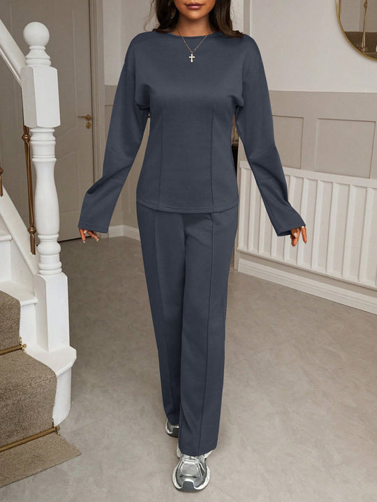 Damen nan weiches Lounge-Set mit tailliertem Sweatshirt, formgebenden Nahtdetails und weitem Palazzohosen-Bein EB