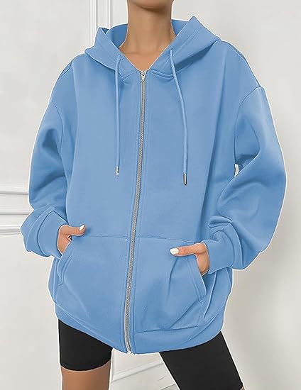 Damen nan oversized Zip-Kapuzenjacke mit kontrastierendem Reißverschluss, doppellagiger Kapuze und Kängurutasche EB