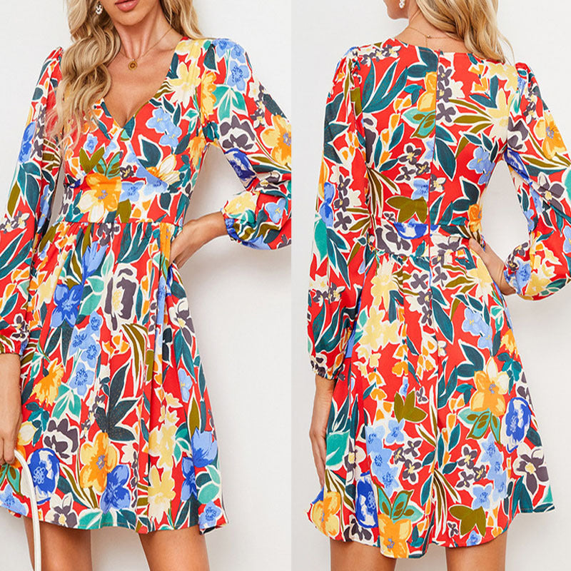 Damen Sommerliches Freizeitkleid mit voluminösen Ärmeln und floralen Mustern EB