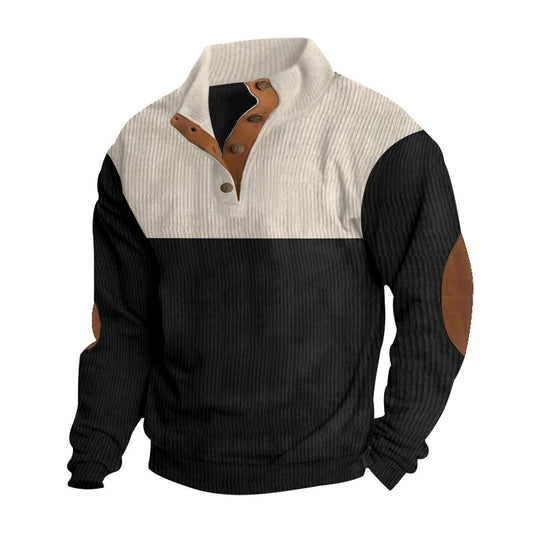 Herren nan strukturiertes Henley-Sweatshirt mit Stehkragen, Knopfleiste und Leder-Ellenbogenpatches EB