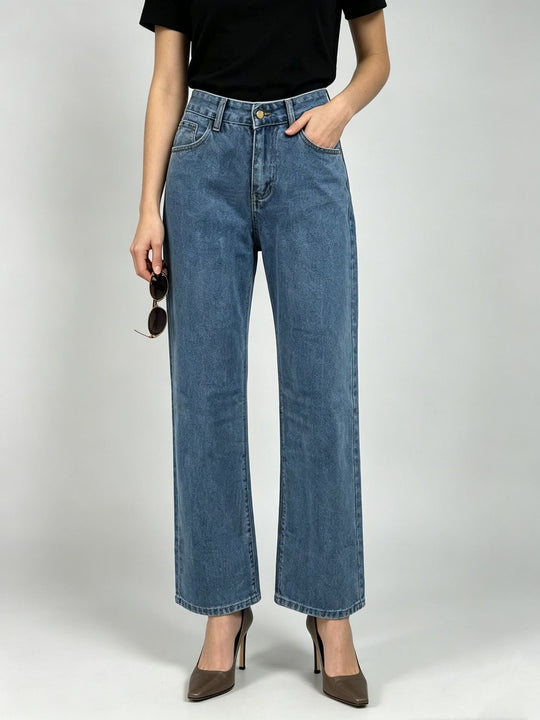 Damen nan hochgeschnittene Straight-Leg-Jeans mit geradem Bein und dezenter Vintage-Waschung EB