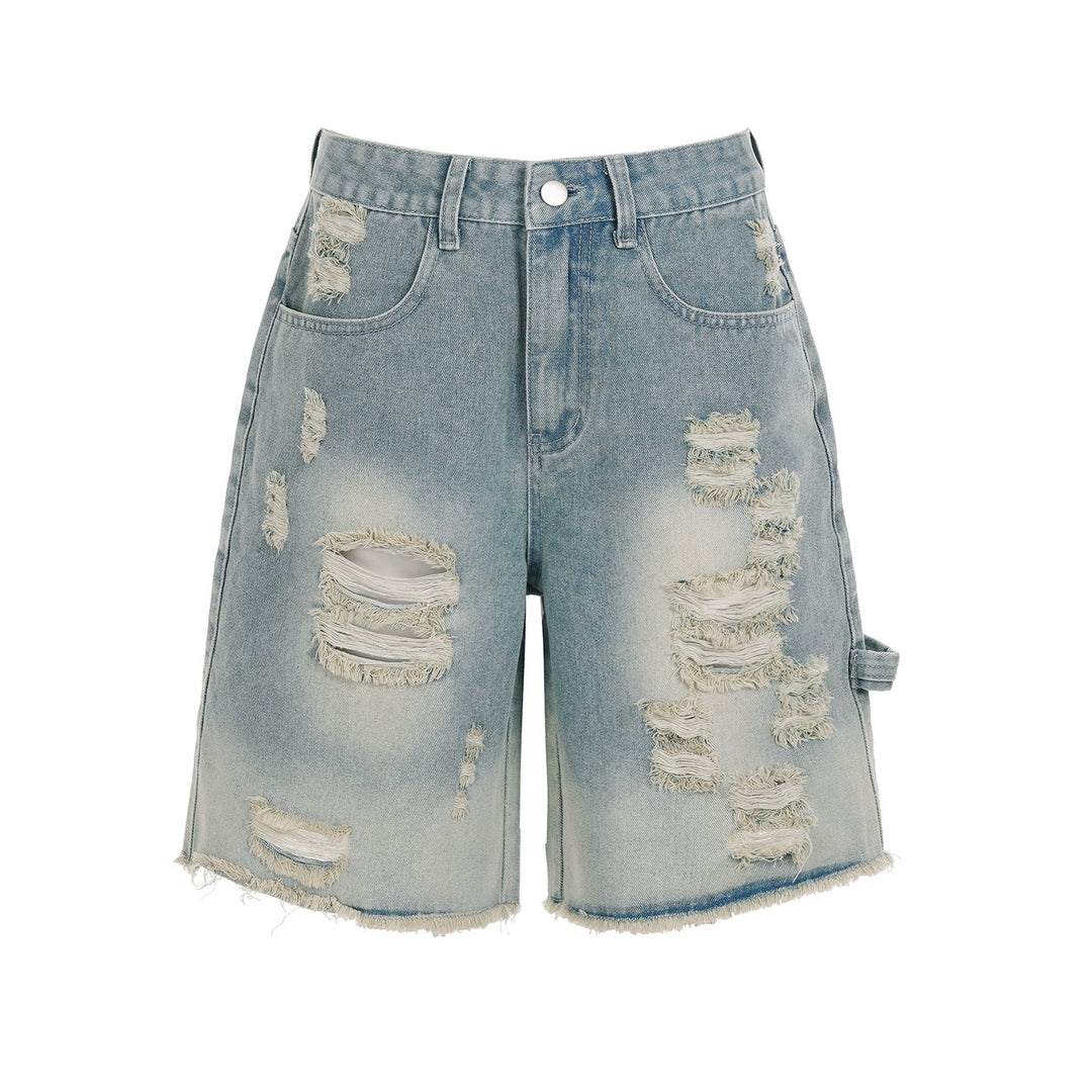 Damen Destroyed Denim-Shorts mit hohem Bund und ausgefransten Säumen EB