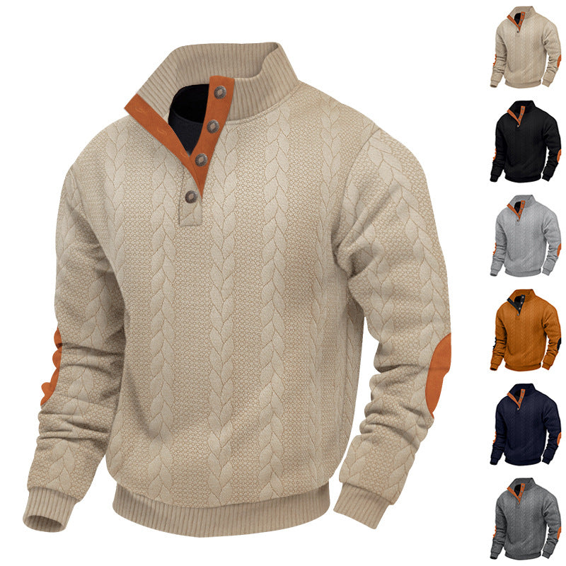 Herren nan strukturiertes Kabelstrick-Henley-Pullover mit Stehkragen und Ellbogenpatches EB