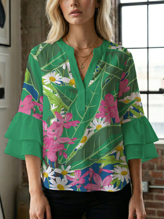 Damen Blusenshirt mit voluminösen Ärmeln und floralem Muster EB