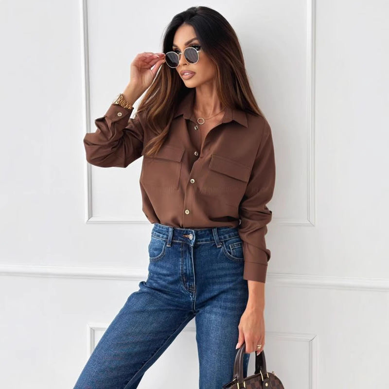 Damen Elegante Bluse mit praktischen Brusttaschen und klassischem Kragen EB