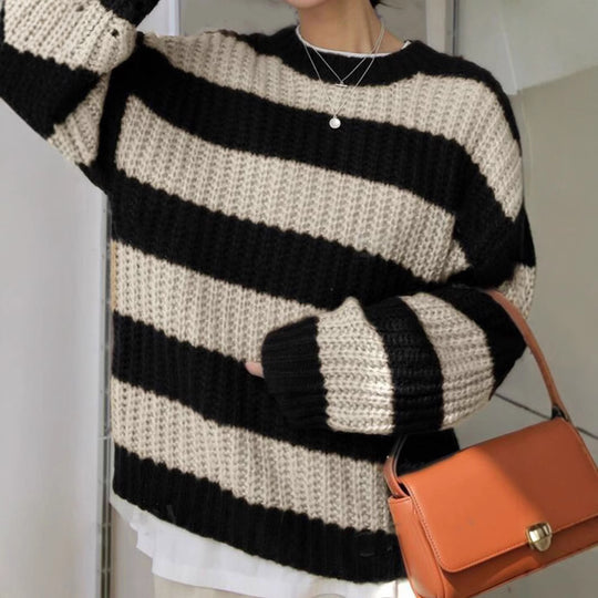 Damen modischer Strickpullover mit breiten Streifen und lockerer Passform EB