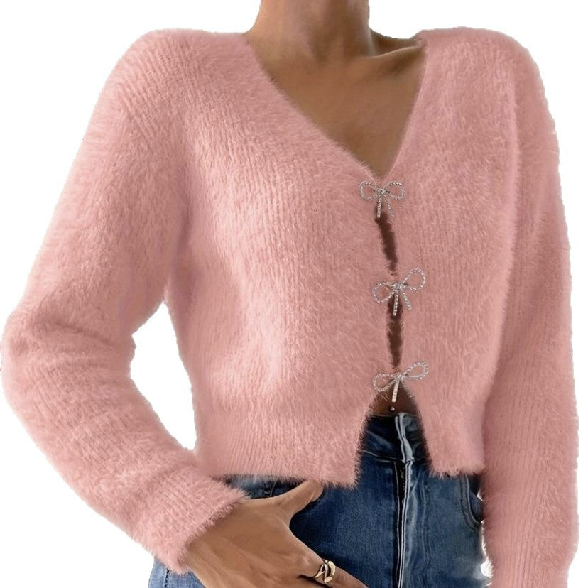 Damen Flauschiger Cropped-Cardigan mit V-Ausschnitt und Schleifen‑Verschlüssen EB