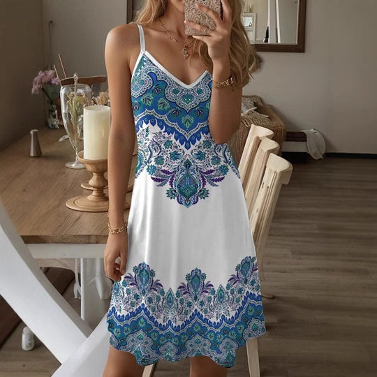 Damen Spaghetti-Träger Kleid mit stilvollem Paisleymuster und A-Linien Schnitt EB