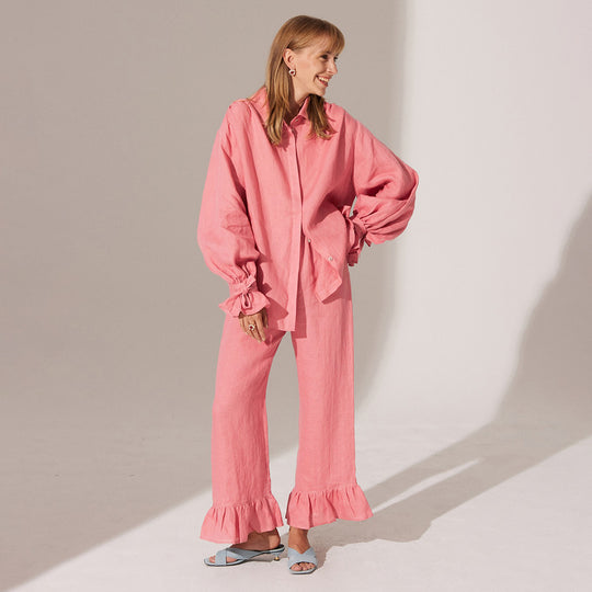 Damen Lässiges Leinen-Ensemble mit Rüschendetails EB