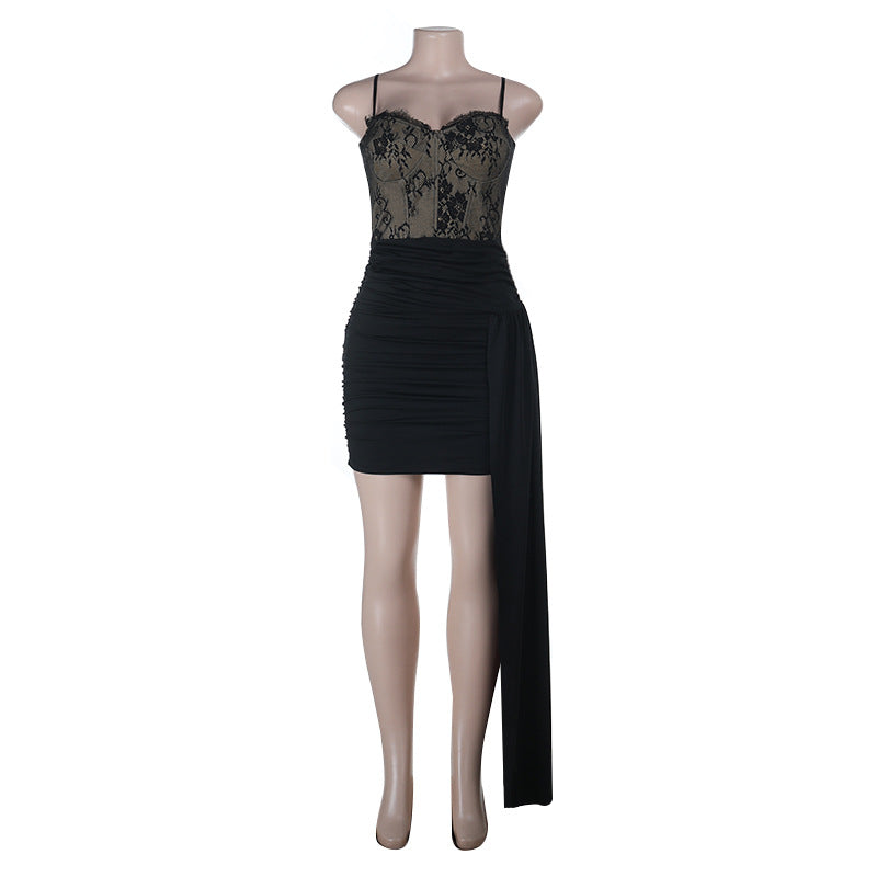 Damen Verführerisches Minikleid mit Spitzenoberteil und asymmetrischem Saum EB