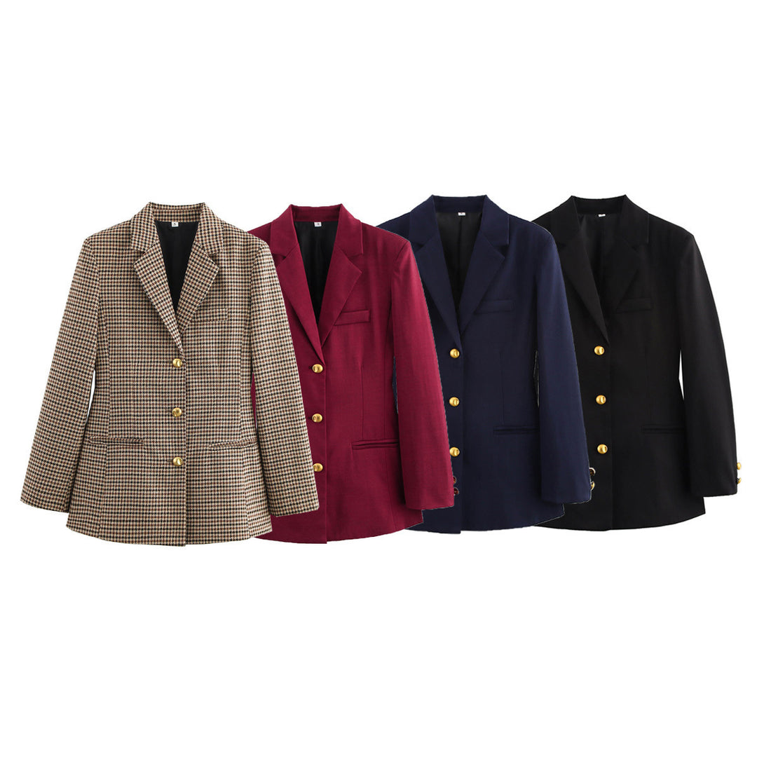 Damen elegante karierte Blazerjacke mit Goldknöpfen EB