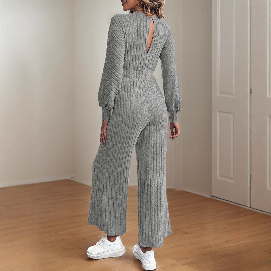 Damen legerer Strick-Jumpsuit mit weitem Bein und Taillengürtel EB