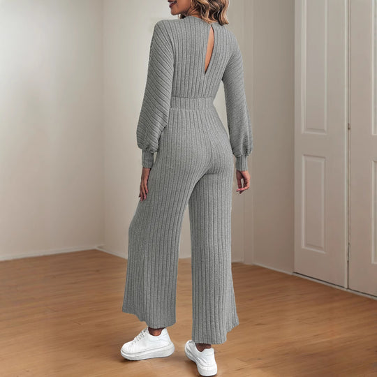 Damen legerer Strick-Jumpsuit mit weitem Bein und Taillengürtel EB