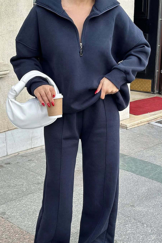 EB | Vibes Halb Offenes Pullover Sweatshirt und Hose Zwei Teiliges Satz