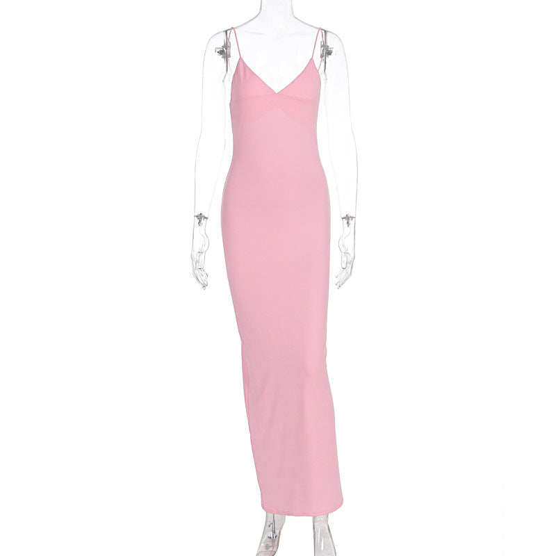 Damen figurbetontes Maxikleid mit schmalen Spaghettiträgern und elegantem V-Ausschnitt EB