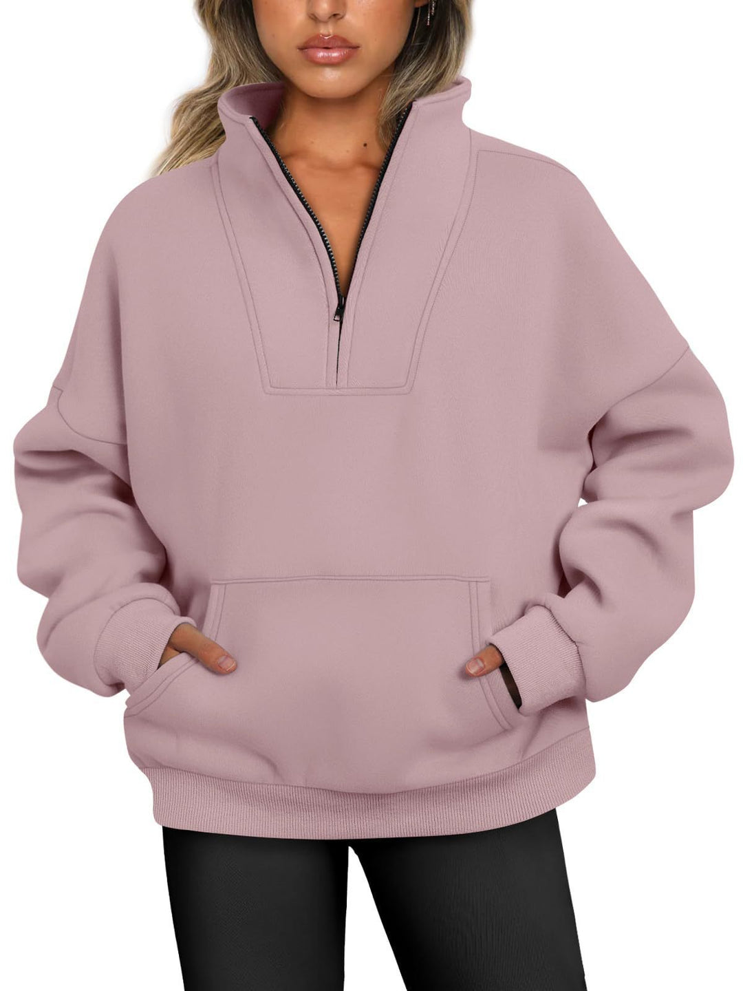 Damen nan oversized Halbzip-Hoodie mit hohem Stehkragen, Kängurutasche und gerippten Bündchen EB