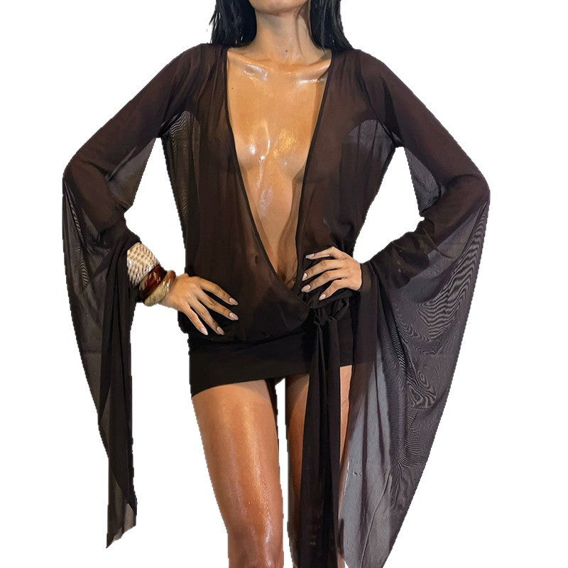 Damen Transparente Strandcover-Up mit tiefem V-Ausschnitt und eleganten Puffärmeln EB