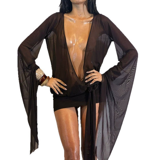 Damen Transparente Strandcover-Up mit tiefem V-Ausschnitt und eleganten Puffärmeln EB
