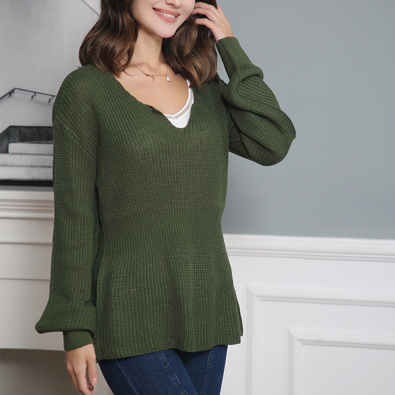 Damen Grobstrickpullover mit tiefem V-Ausschnitt und lässigem Schnitt EB